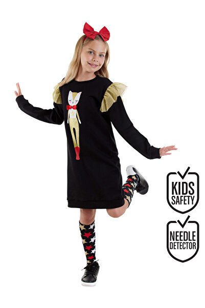 Denokids Ασημί Γάτα Κοριτσίστικο Μαύρο Φόρεμα