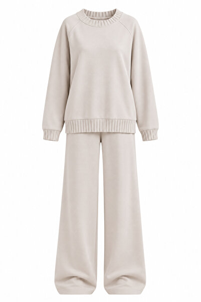 Zelish My Sister Bej O Yaka Triko Detay Modal Sweatshirt Pantolon Takım