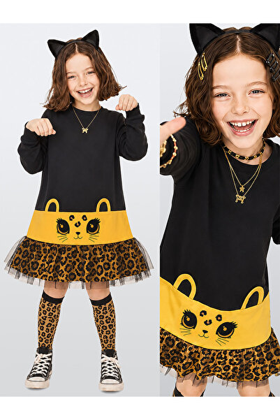 Denokids Kız Çocuk Leopar Aplikeli Tüllü Pamuklu Elbise – Siyah Uzun Kollu Ra...