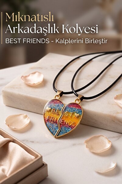 BearPear 2'li Mıknatıslı Kolye Simli Kalp 2'li Arkadaşlık Dostluk Kolyesi