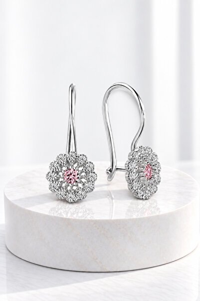 jelux silver Gümüş 925 Ayar Telkari Çiçek Model Zirkon Pembe Taşlı Küpe