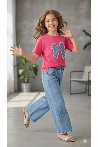NURTOPU Girls' Summer Cotton 2-Piece Set and Long Denim Set, Stylish and High-Quality Top and Bottom Set, Long Denim Set, Casual Special, Casual 2-Piece Summer Set, Short-Sleeved