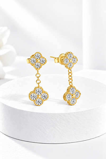 jelux silver Gümüş 925 Ayar Zirkon Taşlı Yonca Sallantılı Gold Küpe