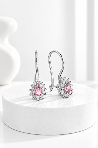 jelux silver Gümüş 925 Ayar Pembe Zirkon Taşlı Anturaj Model Mengeçli Küpe