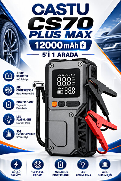 HOTSY Castu Cs70 Plus Akü TakviyeCihazı 4'ü1 Arada Powerbank,Hava Kompresörü,...