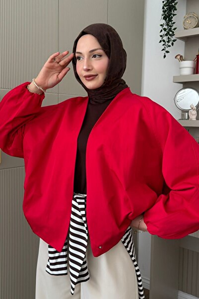 Modaensarbutik Kruvaze Balon Kesim Kısa Bomber Trençkot-KIRMIZI