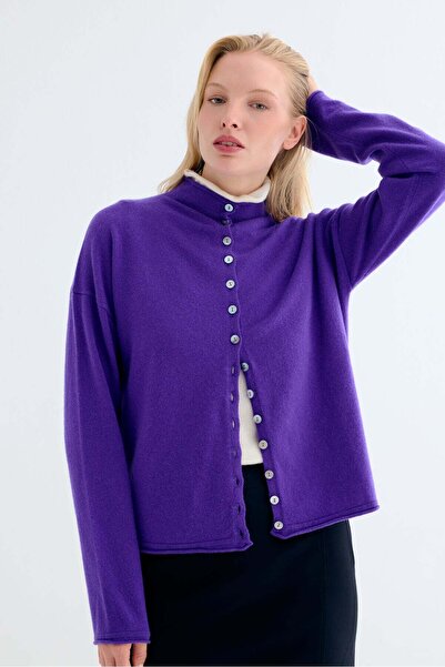 Silk and Cashmere Mor Agata Saf Kaşmir Yüksek Yaka Hırka
