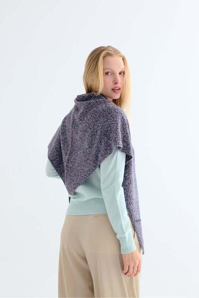 Silk and Cashmere Mavi Melanj Saf Kaşmir Melanjlı Üçgen Şal 180x100x100 cm