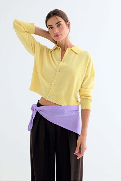 Silk and Cashmere Sarı Pera Saf Kaşmir Crop Gömlek