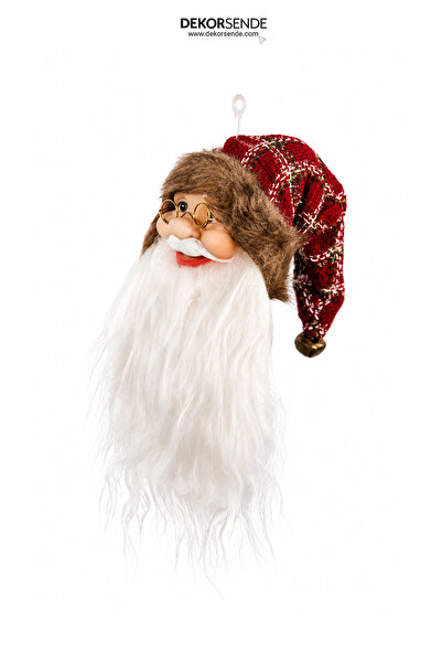 Dekorsende Christmas Ornament Plaid Fur Detailed Santa Claus Head Red 35 cm