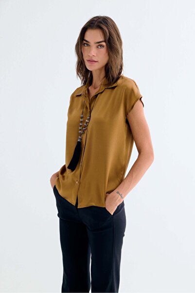 Silk and Cashmere Camel Estrella Saf İpek Kısa Kollu Gömlek