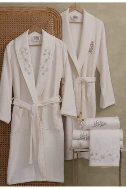 MARİBOR 6 Piece 3D Embroidered Premium Bamboo Family Bathrobe Set (Contains 70% Bamboo Fiber)