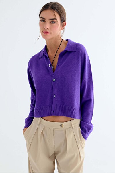 Silk and Cashmere Mor Pera Saf Kaşmir Crop Gömlek