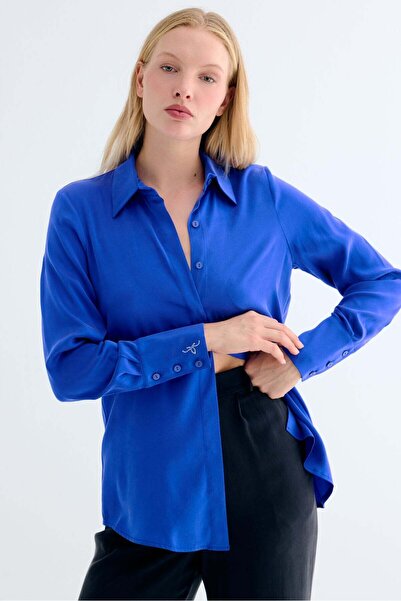 Silk and Cashmere Saks Mavi Saf İpek Audrey Uzun Kollu Gömlek
