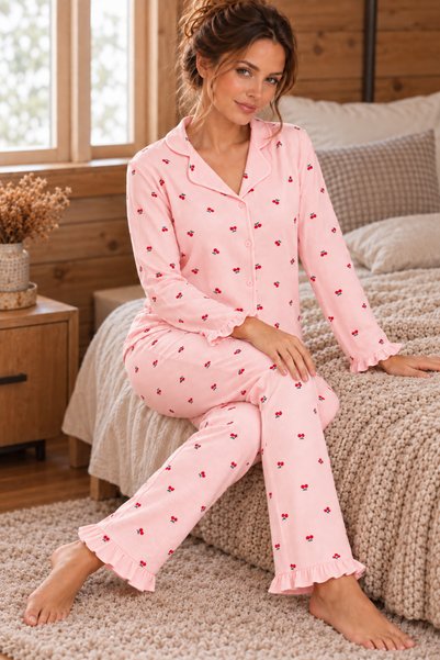 ELİTOL Kiraz Desenli Waffle Örme Uzun Kol Kadın Düğmeli Pijama Takımı