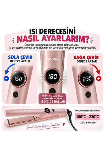 VOLEMİ V-074 Profesyonel Saç Düzleştirici 14 Kademeli Isı Ayarı Dijital LED Ekran Seramik Plaka 100-230°C