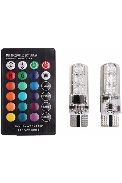 auto Set 2 becuri T10 LED RGB cu telecomandă, putere 2W