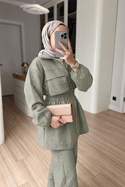 Ka Hijab Dantel Detaylı Takım - Yeşil