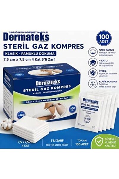Seburem Klasik Pamuklu Dokuma Steril Gaz Kompres 7,5 cm x 7,5 cm 4 Kat