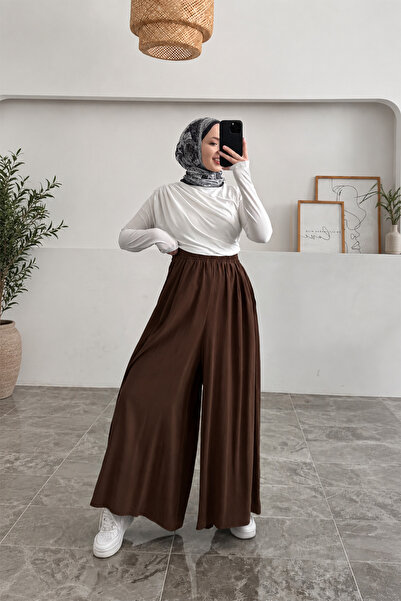 Hatun Atila Beli Lastikli Geniş Paça Modal Etekli Pantolon - Kahverengi