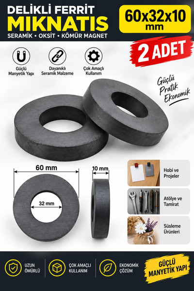 Dünya Magnet 2 Adet - Ferrit Mıknatıs, 60x32x10 mm, Seramik, Kömür, Halka Del...