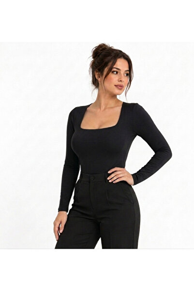 Kadın Siyah Kare Yaka Uzun Kollu Slim Fit Pamuklu Ultra Soft Likralı Kumaş Basic Bluz
