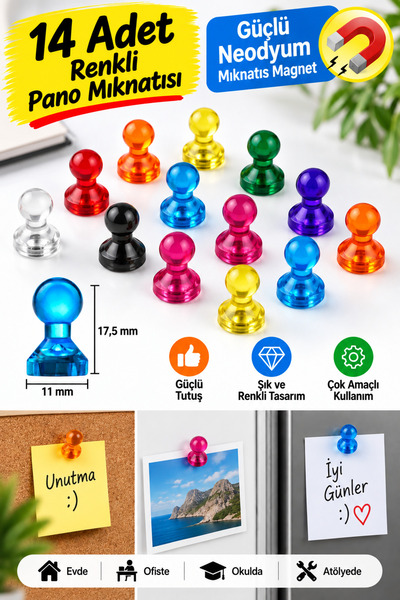 Dünya Magnet 14 Adet Renkli Pano Mıknatısı - Güçlü Nedoyum Pano Mıknatıs Magnet