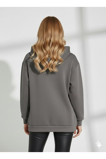 ribana Kadın Kapüşonlu Yumuşak Dokulu Cep Detaylı Fularlı Uzun Kollu Sweatshirt