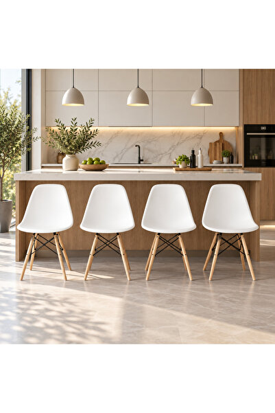 Woodesk Luna Ağaç Ayaklı 4 Adet Beyaz Eames Sandalye Snd3009-4byz