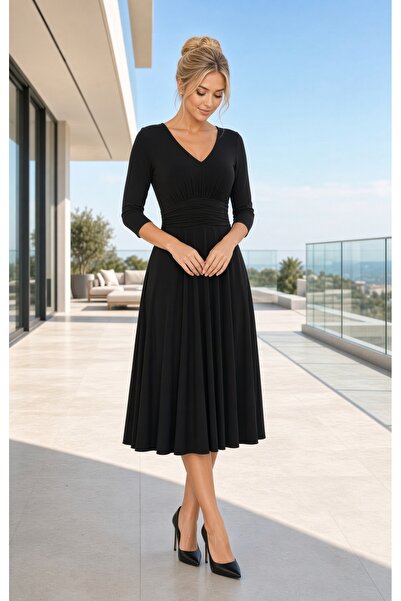 FaBe Fashion V Yaka Dirsek Kollu Beli Drapeli Siyah Midi Sandy Elbise