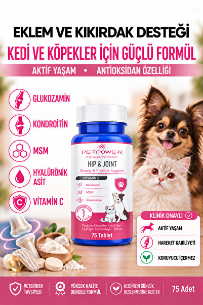 Eklem, Kas ve Kıkırdak Destekleyici, Kedi ve Köpek İçin, Glukozamin, Kondroitin, MSM, C Vitamini Tablet 75 Adet