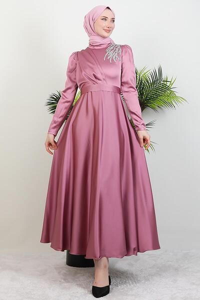Giza Giyim Shoulder Stoned Satin Evening Dress Dark Pink