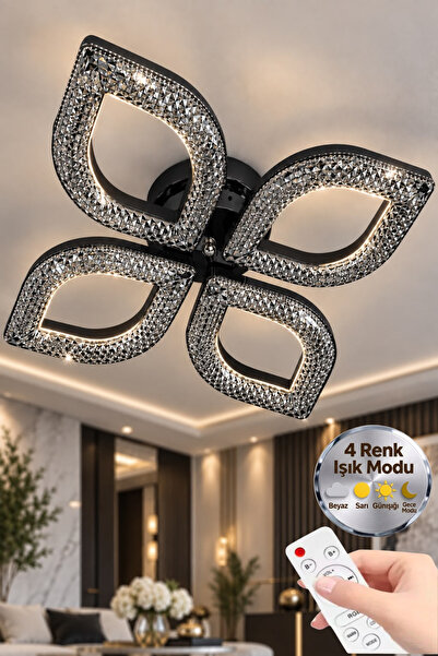 Elora Home Yaprak Model Siyah 4"lü Ledli 3 Renk Modu Kristal Salon Mutfak Yat...
