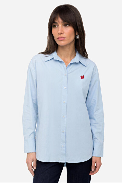 Mudo Women's Blue Embroidered Oversize Long Sleeve Shirt