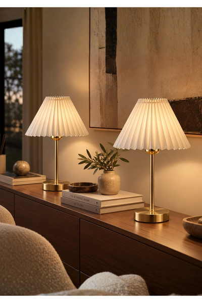HOMİNG 2'li Gold Umbrella Abajur Pileli Kumaş 242356