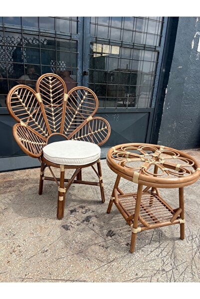 Store Bambu Rattan Papatya Kelebek Çiçek Sandalye - Minderli- Ceviz Renk-Bahç...