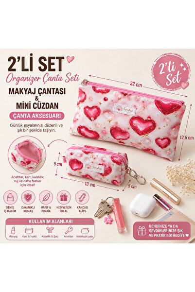 SevAte Handmade 2'li Set Kalp Desenli Makyaj Çantası & Mini Cüzdan | Organize...