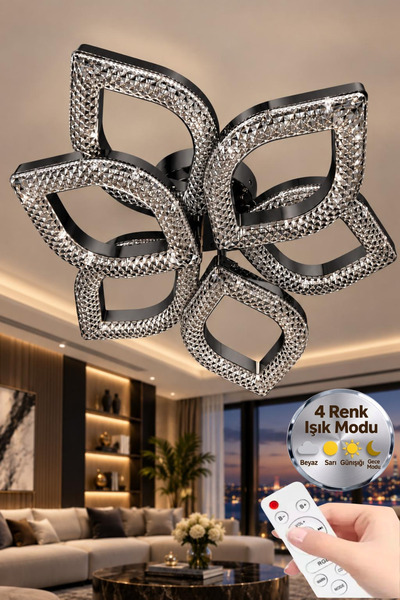 Elora Home Yaprak Model Siyah 6"lı Ledli 3 Renk Modu Kristal Salon Mutfak Yat...
