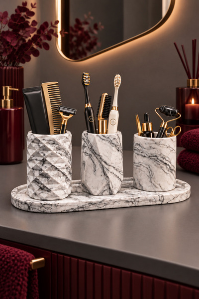 betonmall 4 Parça Mermer Desenli Altın Detaylı Çok Amaçlı Banyo Seti