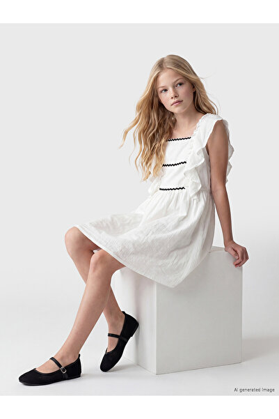LC Waikiki Lcw Kids Ecru Square Neck Ruffle Girls' Dress with Nevavm Difference