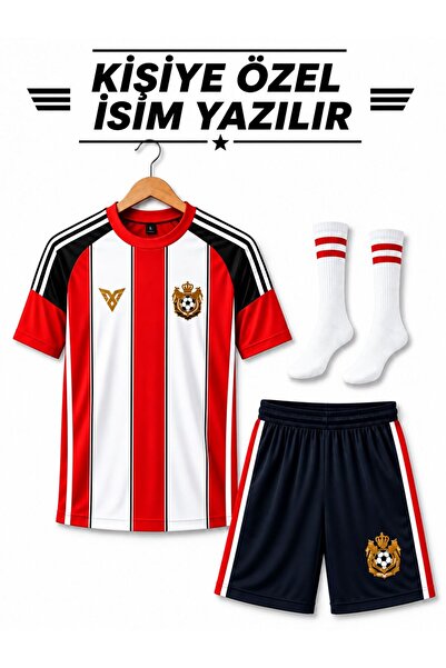 yenteks İsim Yazılır Kırmızı-Beyaz Çocuk Futbol Forması Takımı Çorap Hediyeli