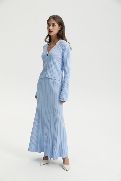 Ferraro Blue Corded Viscose Blended Skirted Knitwear Set