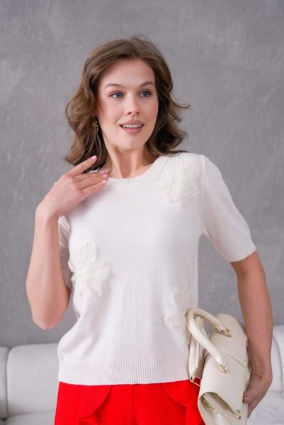 DOLCE QUEEN Women's Floral Appliqué Crew Neck Short Sleeve Knitwear Blouse