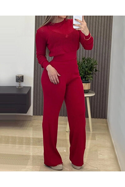 Beruflic Kadın Uzun Kollu Yuvarlak Yaka Transparan Detaylı Triko Bluz Ve Pant...
