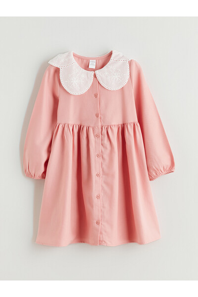 LC Waikiki Lcw Kids Pink Gabardine Embroidered Girls' Dress with Nevavm Diffe...