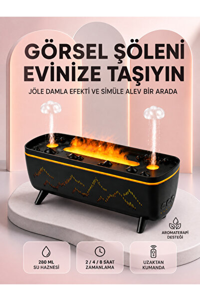 ASTRALTECH Dekoratif Siyah Hava Nemlendirici Jöle Damla ve Alev Efektli LED I...