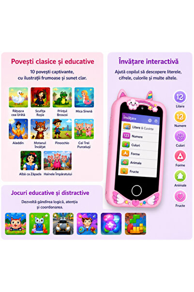 FAMIFY Smartphone pentru copii Roz Unicorn cu cameră duală, ecran IPS de 2.8 inch, jocuri educative