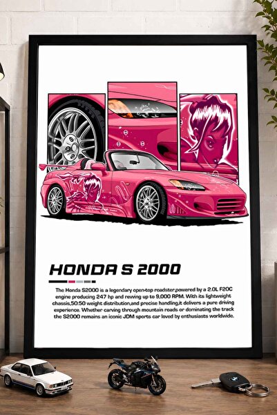 dudekohome Pembe Honda S2000 Fast & Furious / Suki Style JDM İllüstrasyon Siy...
