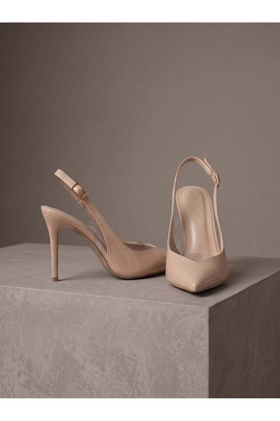 Güllü Shoes Beige Patent Leather Transparent Detailed Slingback Stiletto Pointed Toe Gold Buckle Thin Heel Wedding Event Elegance