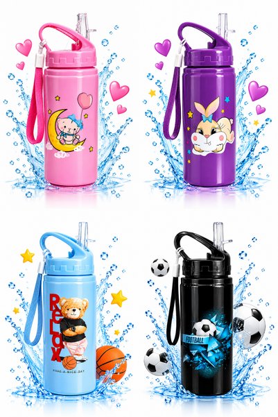 craftivio 500 ml Aluminum Children's Water Bottle with Straw, Leak-Proof Lid and Strap, School Water Bottle